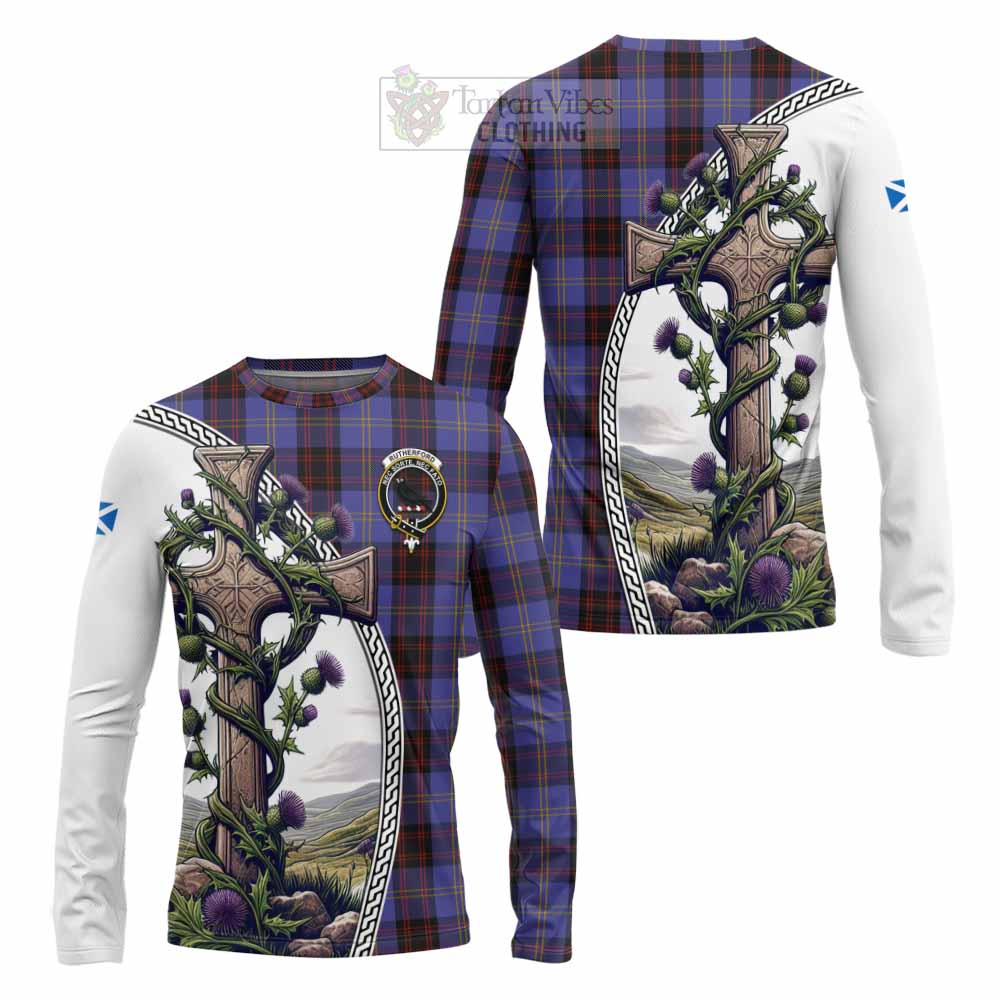 Tartan Vibes Clothing Rutherford Tartan Long Sleeve T-Shirt with Family Crest and St. Andrew's Cross Accented by Thistle Vines