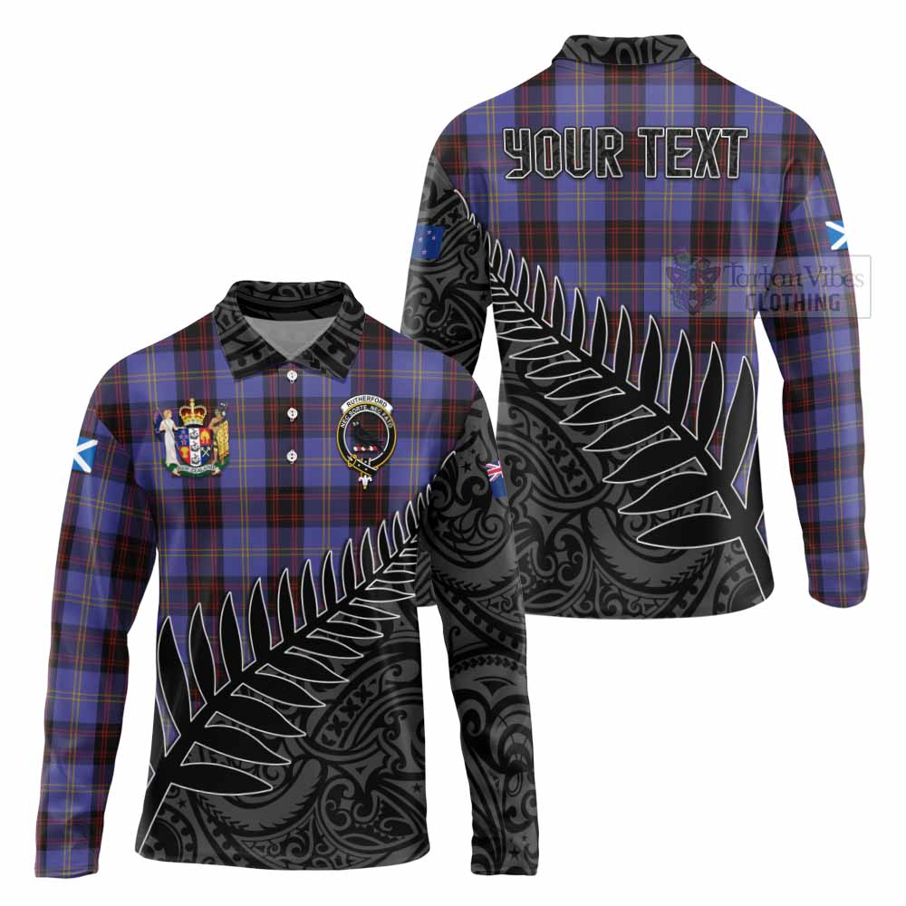 Tartan Vibes Clothing Rutherford Crest Tartan Long Sleeve Polo Shirt with New Zealand Silver Fern Half Style