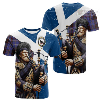 Rutherford Tartan Cotton T-shirt with Family Crest Scottish Bagpiper Vibes