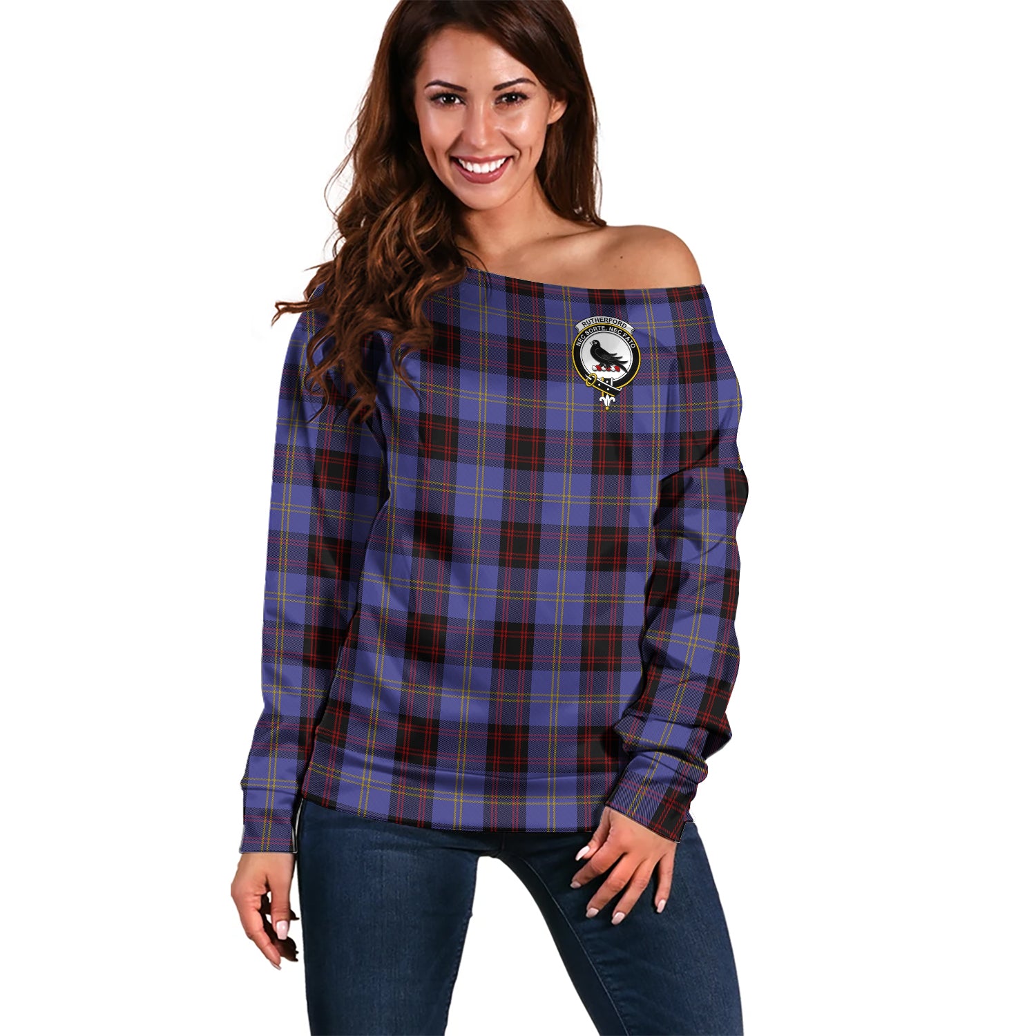 Rutherford Tartan Off Shoulder Women Sweater with Family Crest Women - Tartanvibesclothing Shop