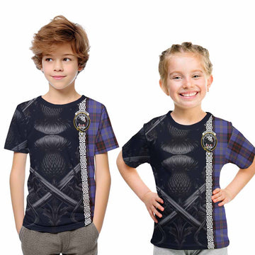 Rutherford Tartan Kid T-Shirt with Family Crest Cross Sword Thistle Celtic Vibes