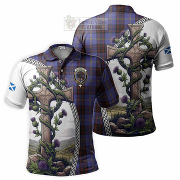 Rutherford Tartan Polo Shirt with Family Crest and St. Andrew's Cross Accented by Thistle Vines