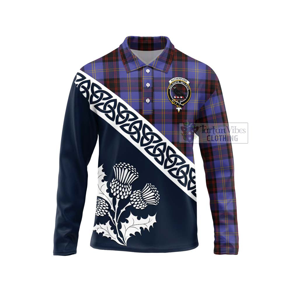 Tartan Vibes Clothing Rutherford Tartan Long Sleeve Polo Shirt Featuring Thistle and Scotland Map