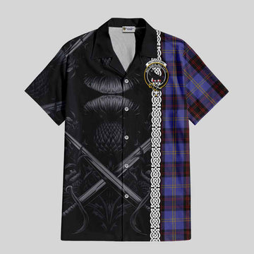 Rutherford Tartan Short Sleeve Button Shirt with Family Crest Cross Sword Thistle Celtic Vibes