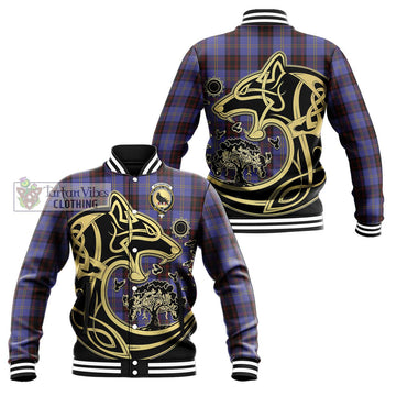 Rutherford Tartan Baseball Jacket with Family Crest Celtic Wolf Style