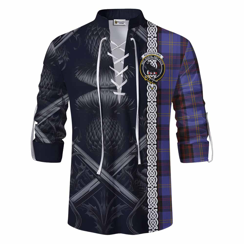 Tartan Vibes Clothing Rutherford Tartan Ghillie Kilt Shirt with Family Crest Cross Sword Thistle Celtic Vibes