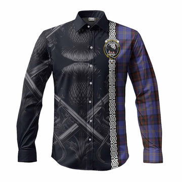 Rutherford Tartan Long Sleeve Button Shirt with Family Crest Cross Sword Thistle Celtic Vibes