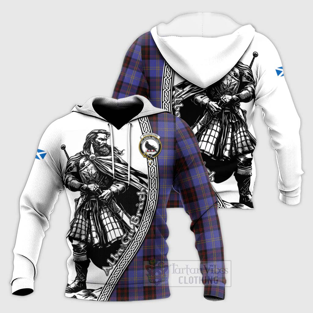 Tartan Vibes Clothing Rutherford Tartan Clan Crest Knitted Hoodie with Highlander Warrior Celtic Style