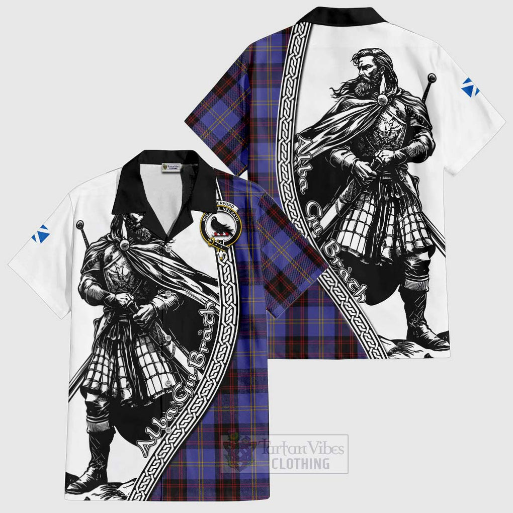 Tartan Vibes Clothing Rutherford Tartan Clan Crest Short Sleeve Button Shirt with Highlander Warrior Celtic Style