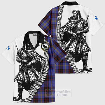 Rutherford Tartan Clan Crest Short Sleeve Button Shirt with Highlander Warrior Celtic Style