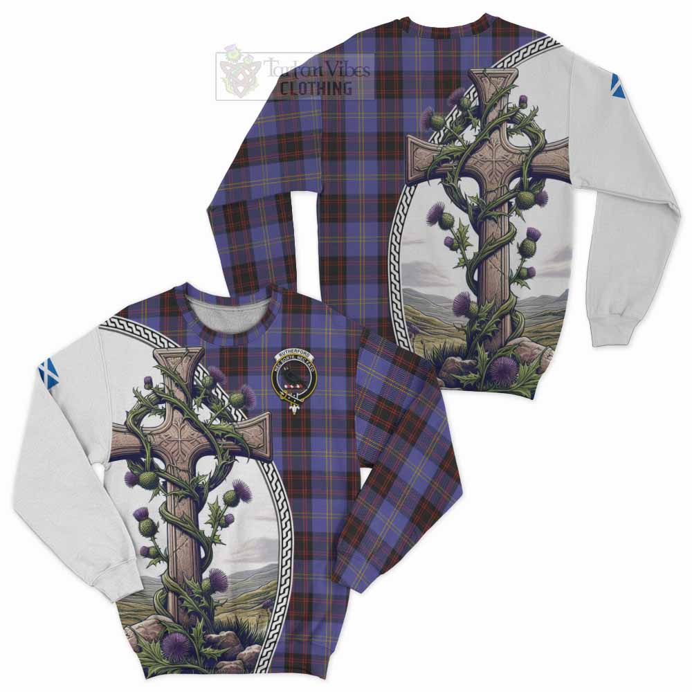 Tartan Vibes Clothing Rutherford Tartan Sweatshirt with Family Crest and St. Andrew's Cross Accented by Thistle Vines