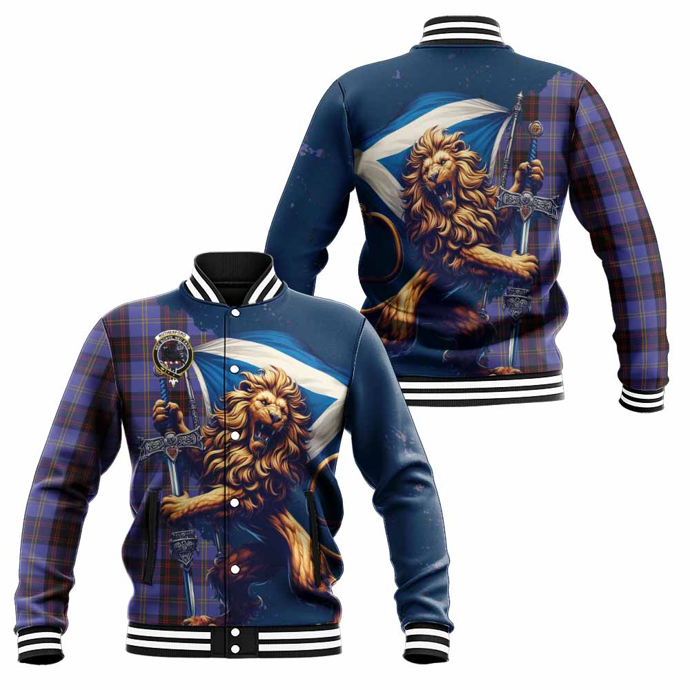 Tartan Vibes Clothing Rutherford Tartan Family Crest Baseball Jacket with Scottish Majestic Lion