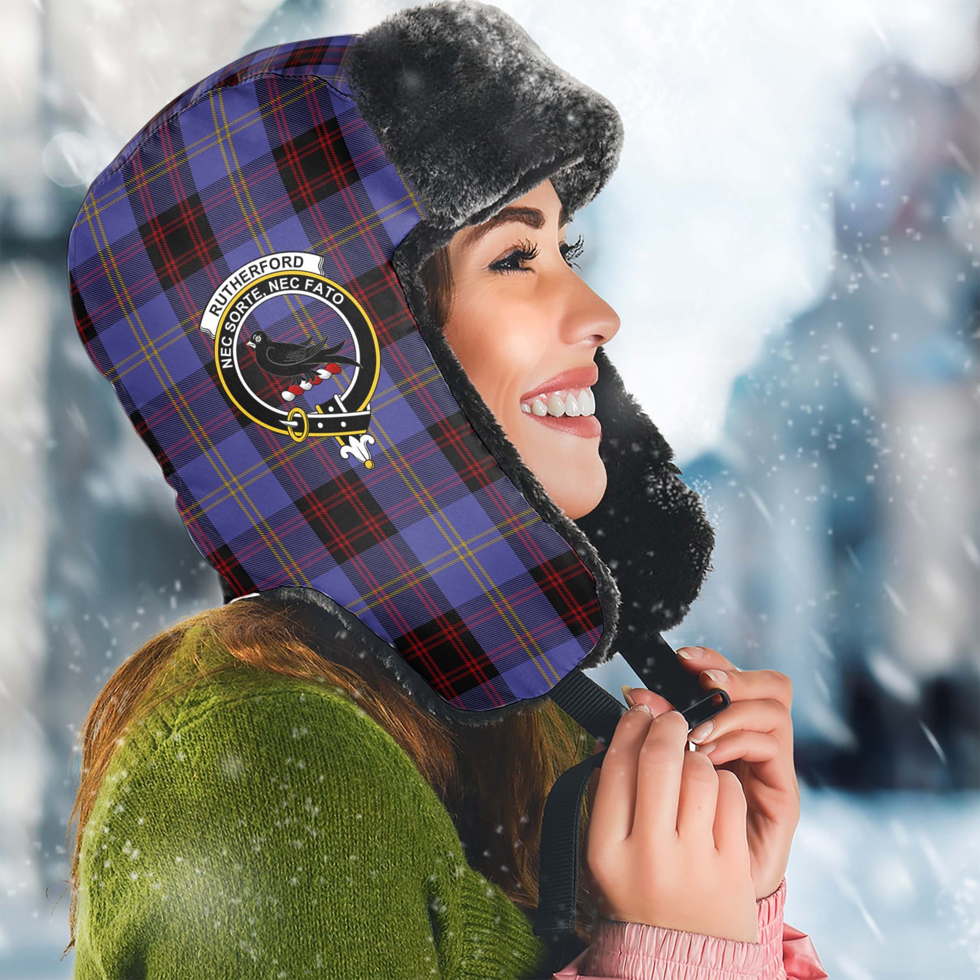 Rutherford Tartan Winter Trapper Hat with Family Crest Winter Trapper Hat Universal Fit Circumference 22.8in (58cm) - Tartanvibesclothing