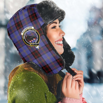 Rutherford Tartan Winter Trapper Hat with Family Crest