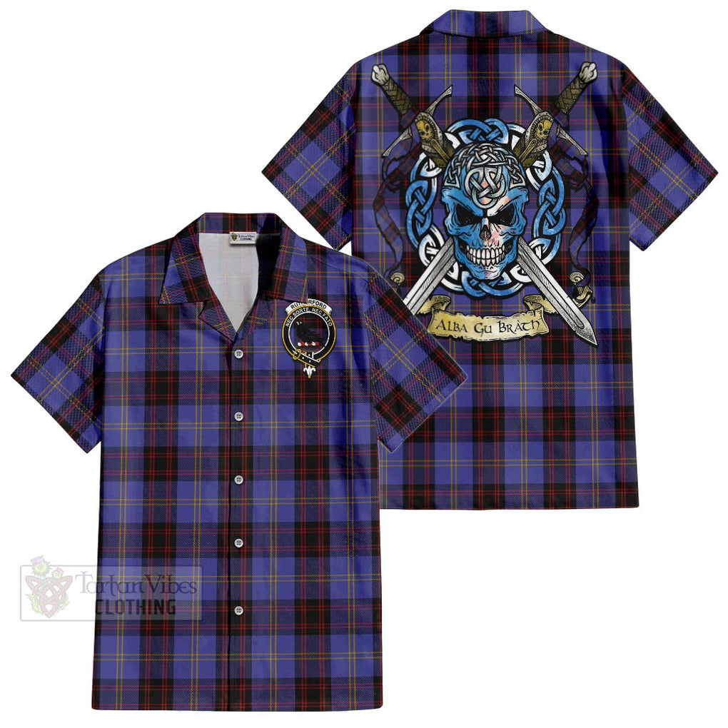 Tartan Vibes Clothing Rutherford Tartan Short Sleeve Button Shirt with Family Crest Celtic Skull Style