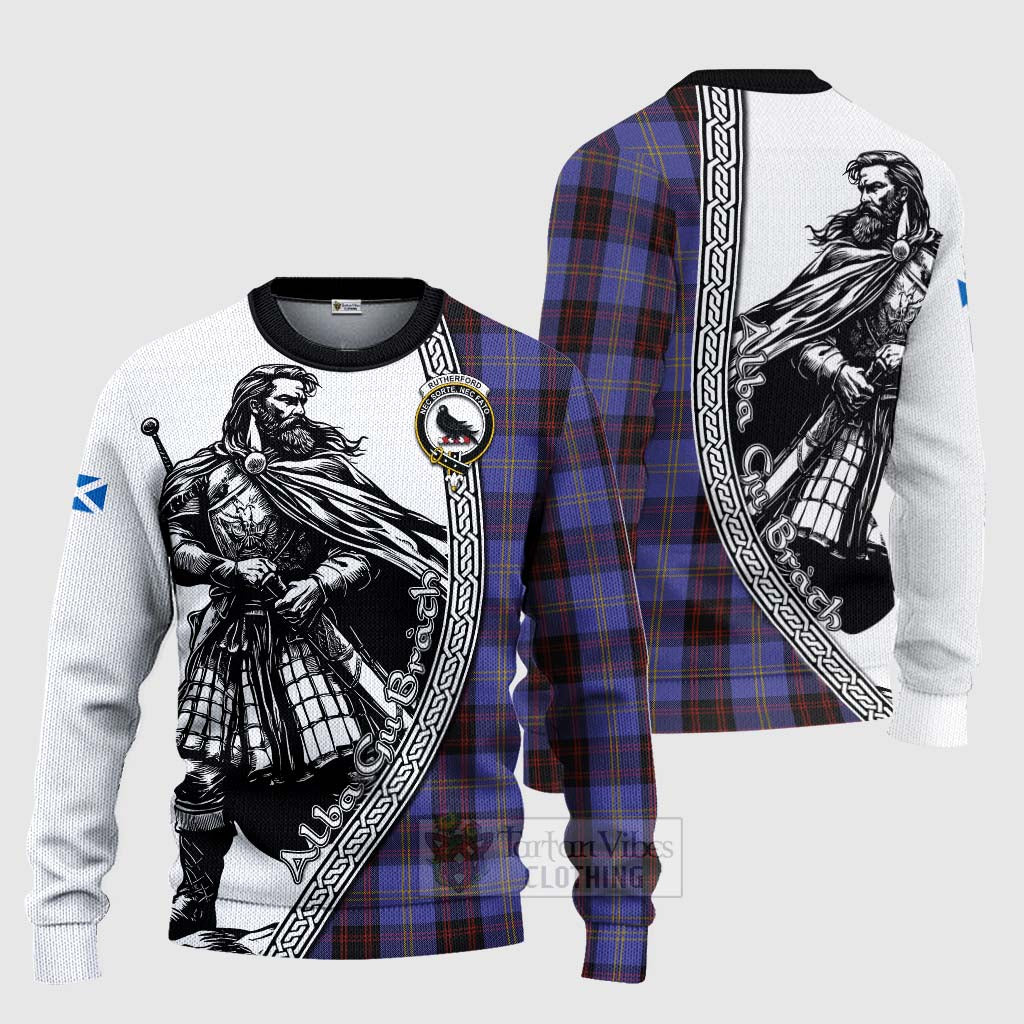 Tartan Vibes Clothing Rutherford Tartan Clan Crest Knitted Sweater with Highlander Warrior Celtic Style