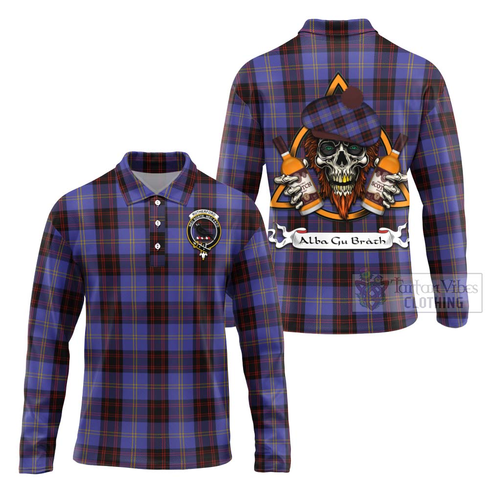 Tartan Vibes Clothing Rutherford Tartan Long Sleeve Polo Shirt with Family Crest and Bearded Skull Holding Bottles of Whiskey