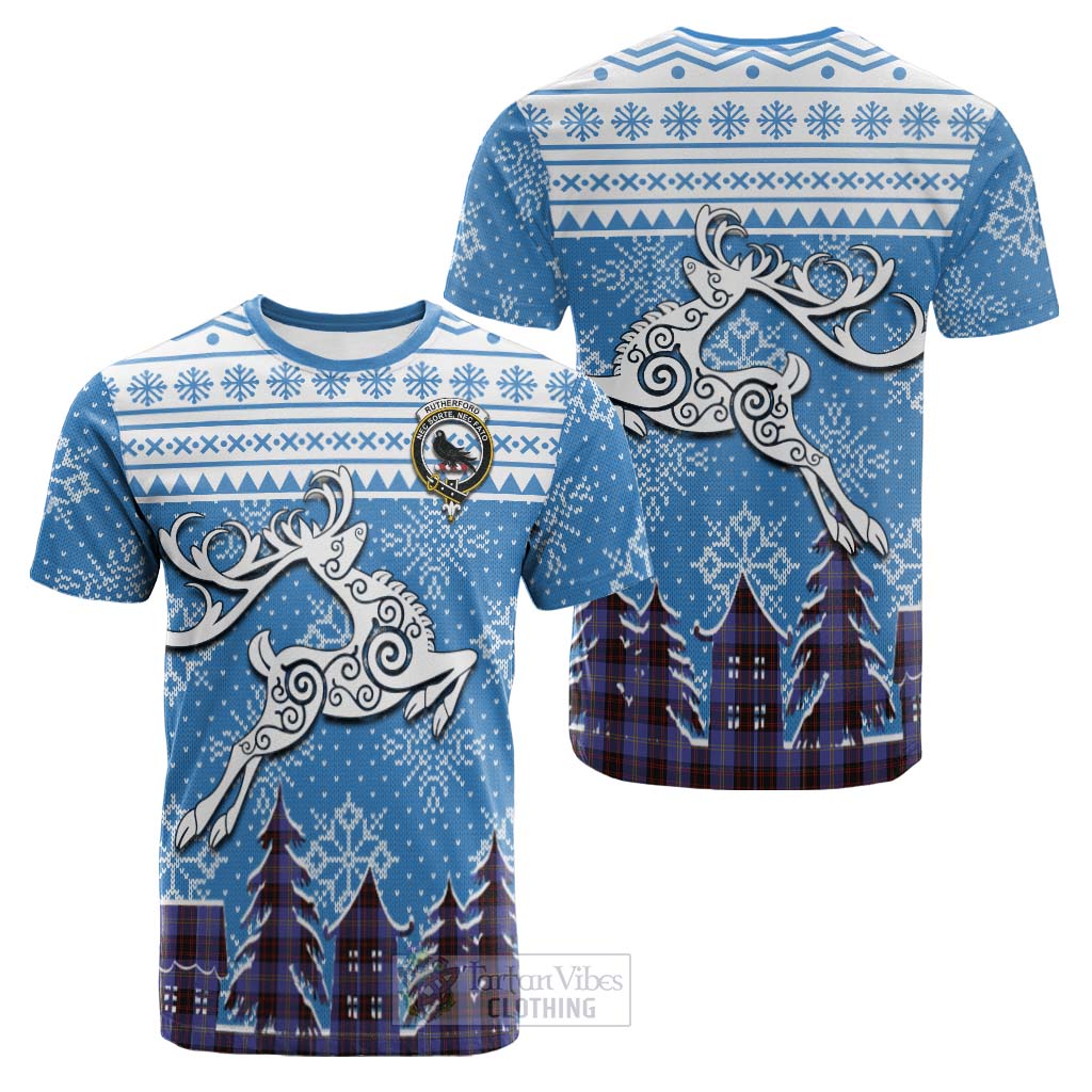 Tartan Vibes Clothing Rutherford Clan Christmas Cotton T-shirt Celtic Reindeer Style