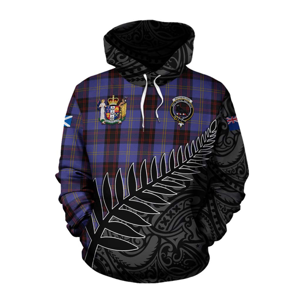 Tartan Vibes Clothing Rutherford Crest Tartan Cotton Hoodie with New Zealand Silver Fern Half Style