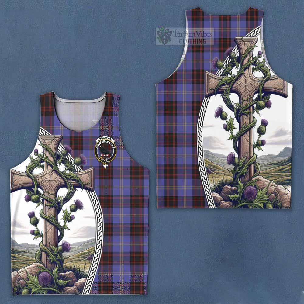 Tartan Vibes Clothing Rutherford Tartan Men's Tank Top with Family Crest and St. Andrew's Cross Accented by Thistle Vines