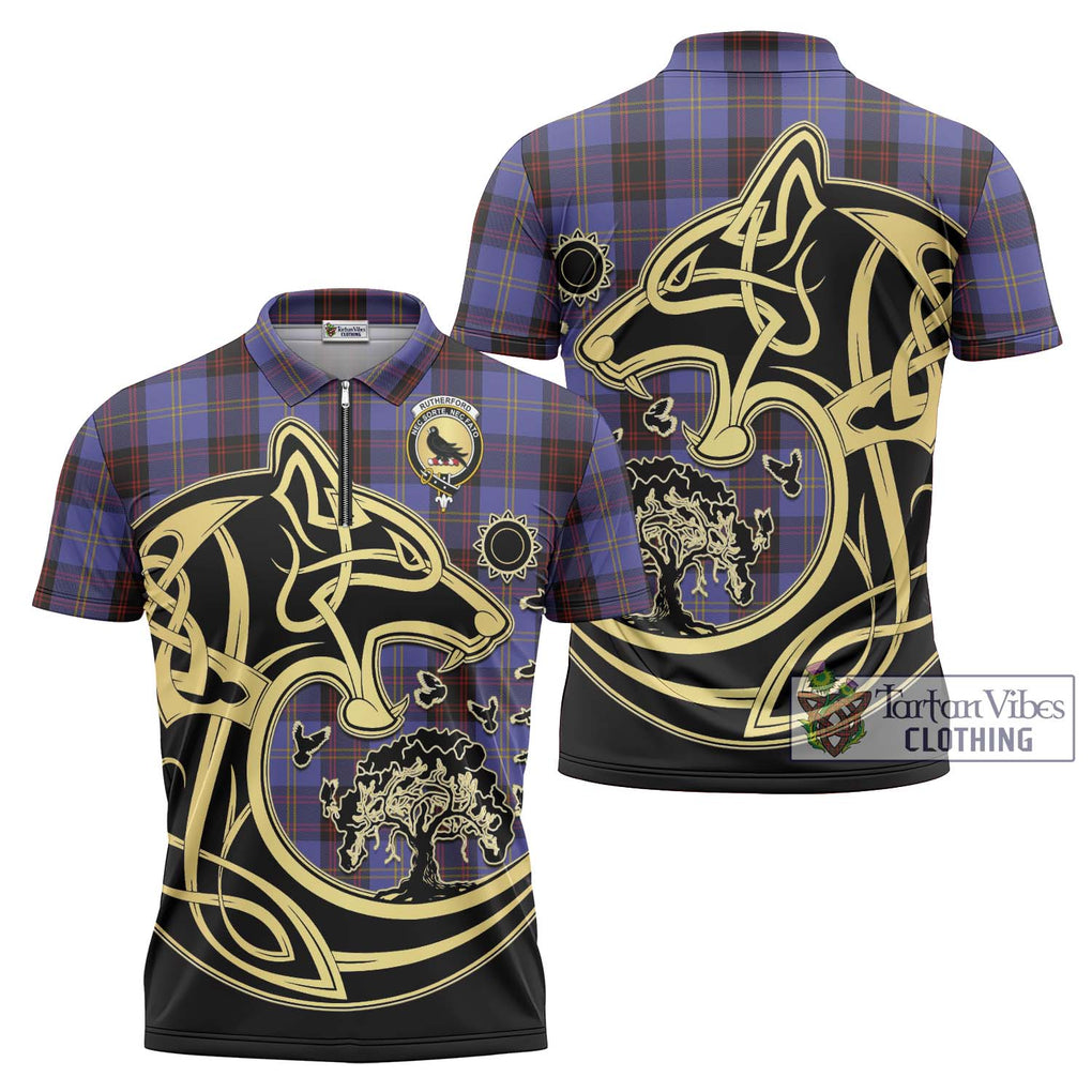 Rutherford Tartan Zipper Polo Shirt with Family Crest Celtic Wolf Style Unisex - Tartanvibesclothing Shop