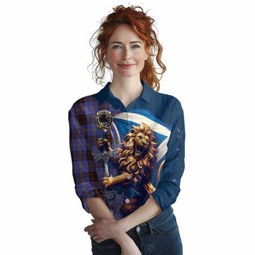 Rutherford Tartan Family Crest Women's Casual Shirt with Scottish Majestic Lion