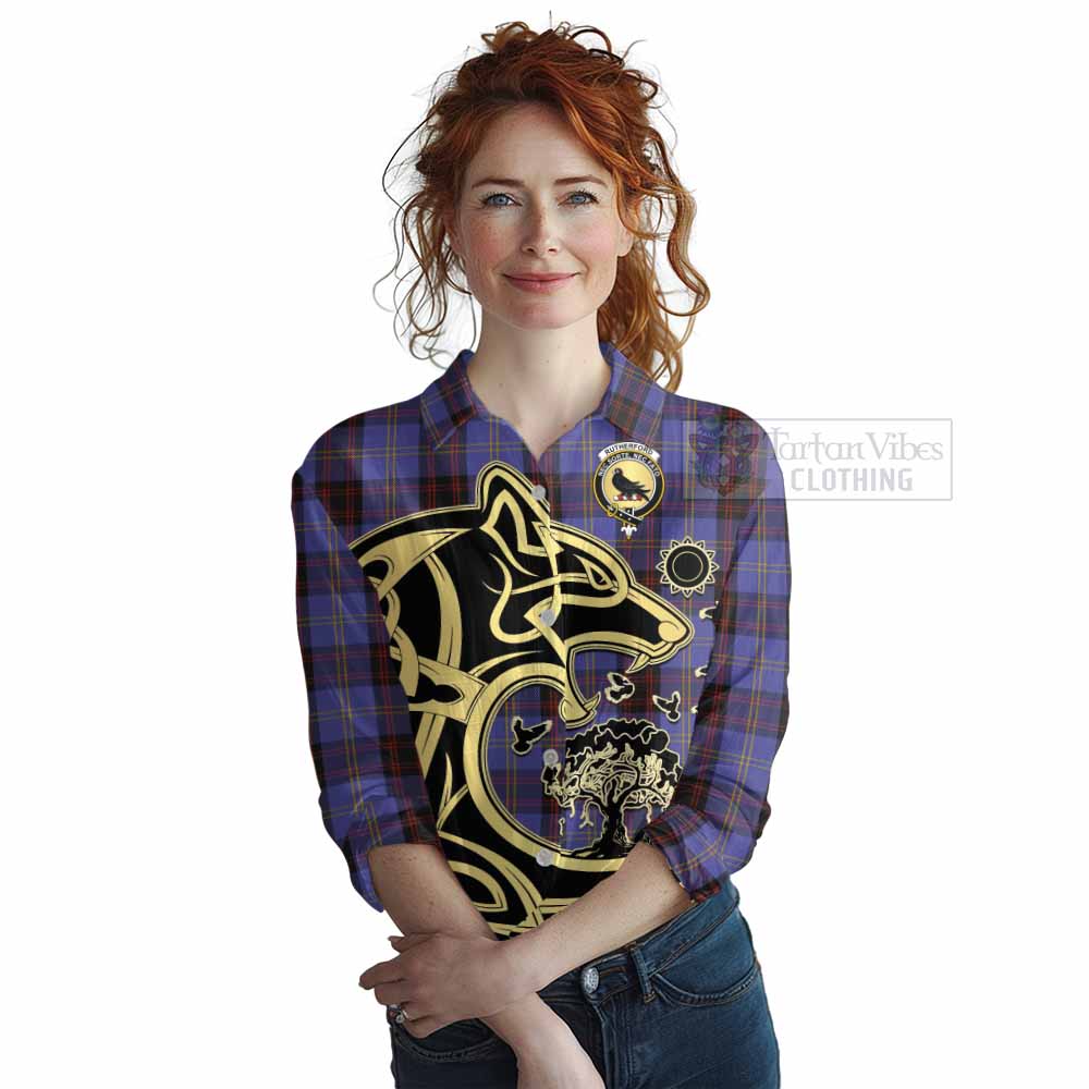 Tartan Vibes Clothing Rutherford Tartan Women's Casual Shirt with Family Crest Celtic Wolf Style