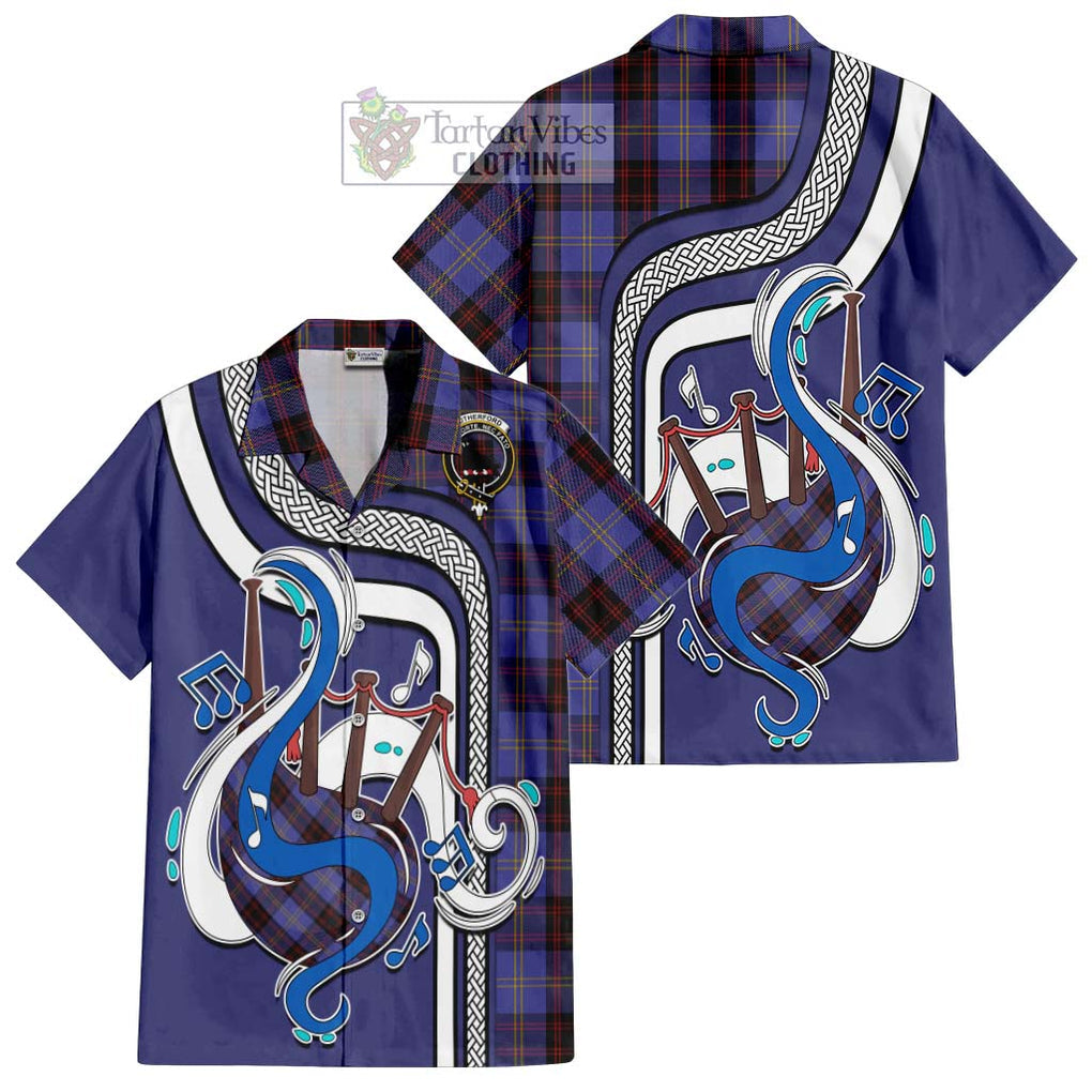 Rutherford Tartan Short Sleeve Button Shirt with Epic Bagpipe Style Kid - Tartanvibesclothing Shop