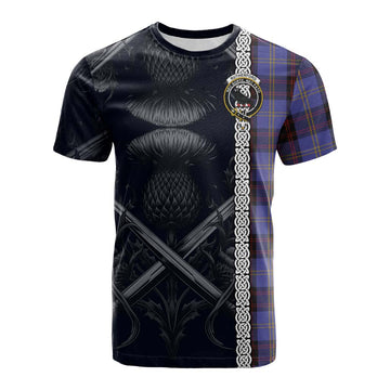 Rutherford Tartan Cotton T-shirt with Family Crest Cross Sword Thistle Celtic Vibes