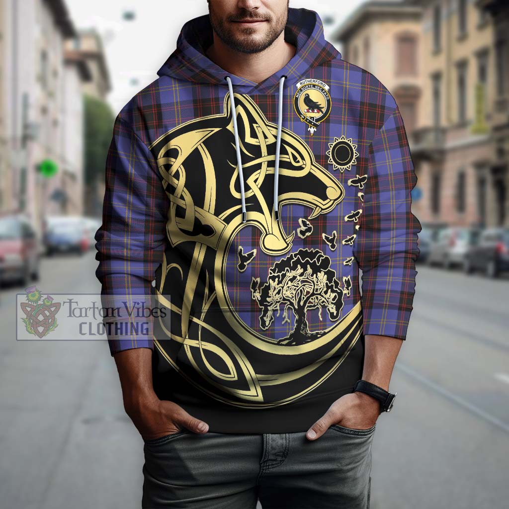 Tartan Vibes Clothing Rutherford Tartan Hoodie with Family Crest Celtic Wolf Style