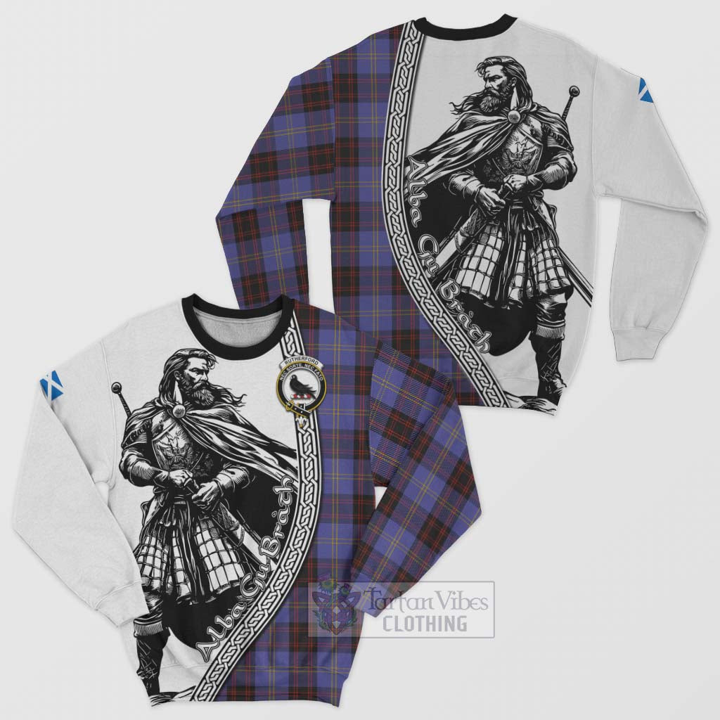 Tartan Vibes Clothing Rutherford Tartan Clan Crest Sweatshirt with Highlander Warrior Celtic Style