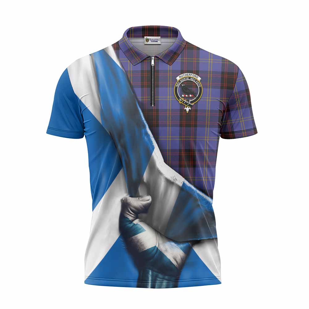 Tartan Vibes Clothing Rutherford Tartan Zipper Polo Shirt with Family Crest Scotland Patriotic Style