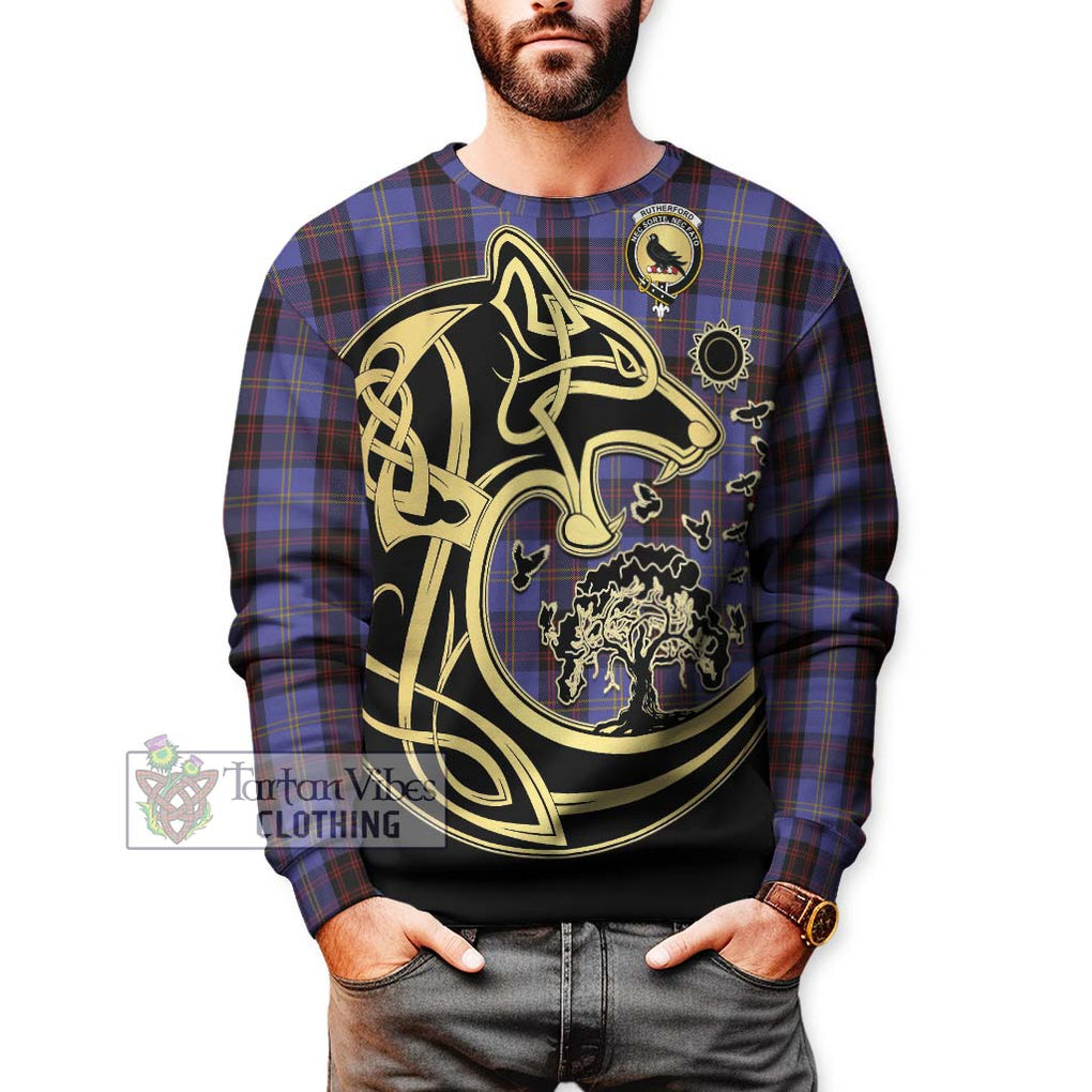 Rutherford Tartan Sweatshirt with Family Crest Celtic Wolf Style Unisex - Tartan Vibes Clothing