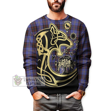 Rutherford Tartan Sweatshirt with Family Crest Celtic Wolf Style