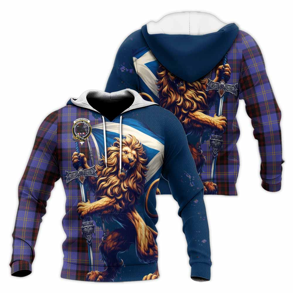 Tartan Vibes Clothing Rutherford Tartan Family Crest Knitted Hoodie with Scottish Majestic Lion