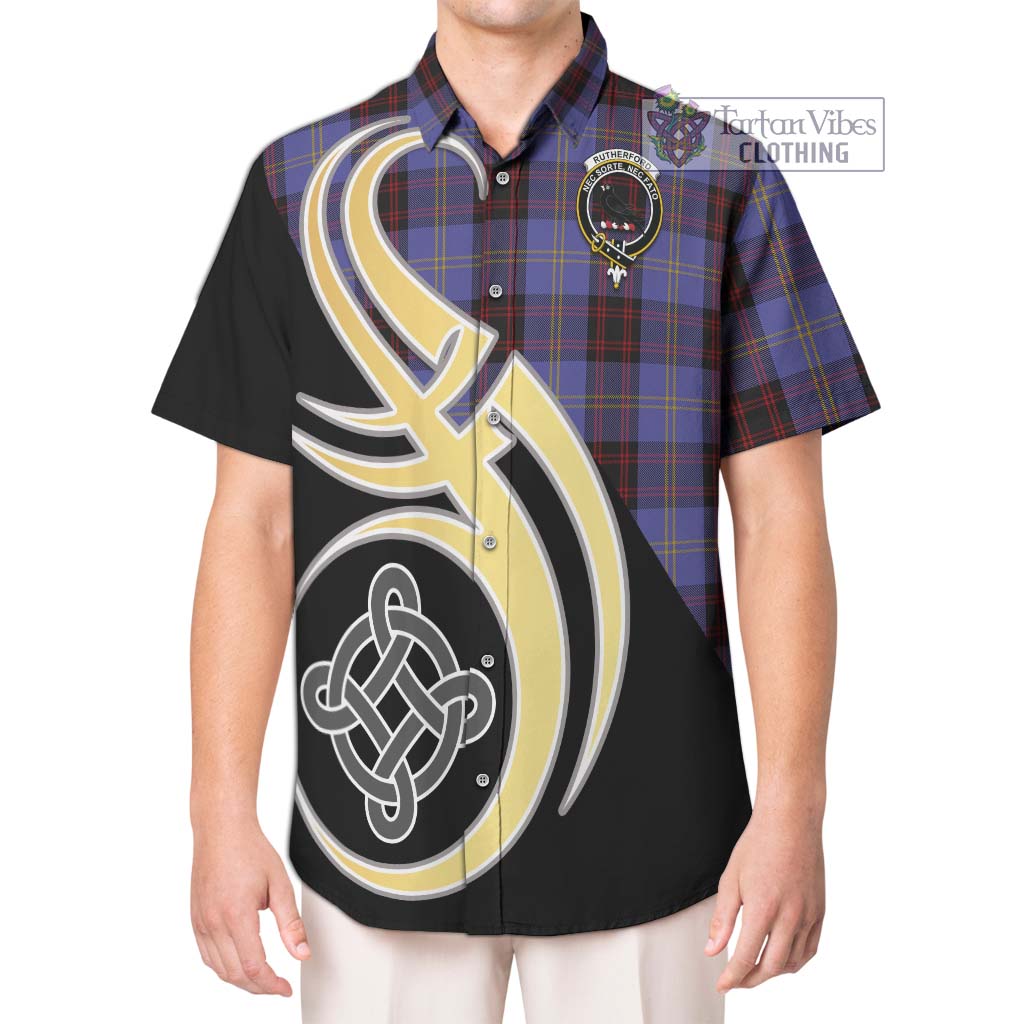 Rutherford Tartan Short Sleeve Button Shirt with Family Crest and Celtic Symbol Style Kid - Tartan Vibes Clothing