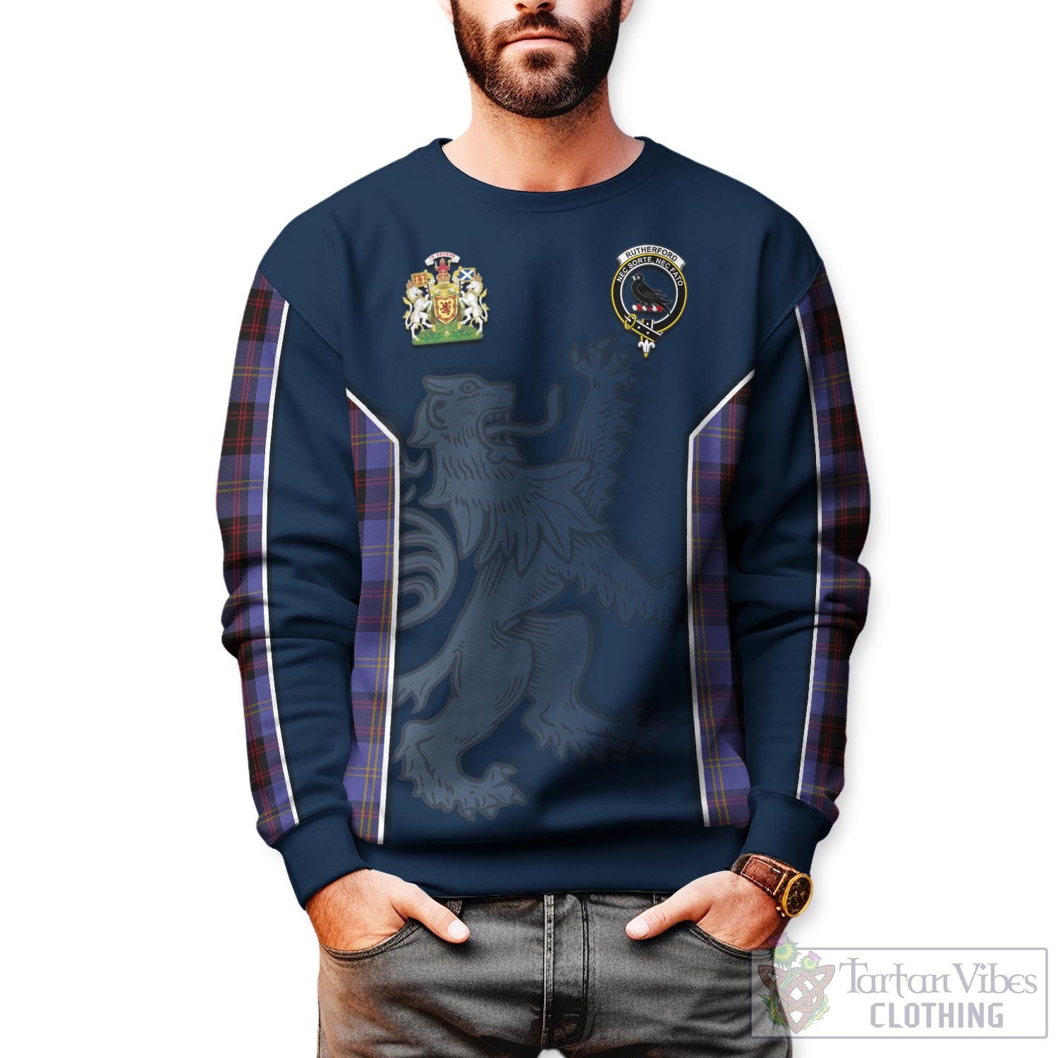 Tartan Vibes Clothing Rutherford Tartan Sweater with Family Crest and Lion Rampant Vibes Sport Style