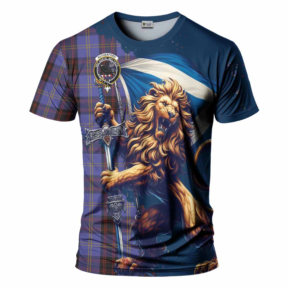 Tartan Vibes Clothing Rutherford Tartan Family Crest T-Shirt with Scottish Majestic Lion