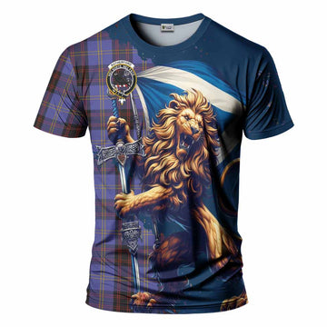 Rutherford Tartan Family Crest T-Shirt with Scottish Majestic Lion