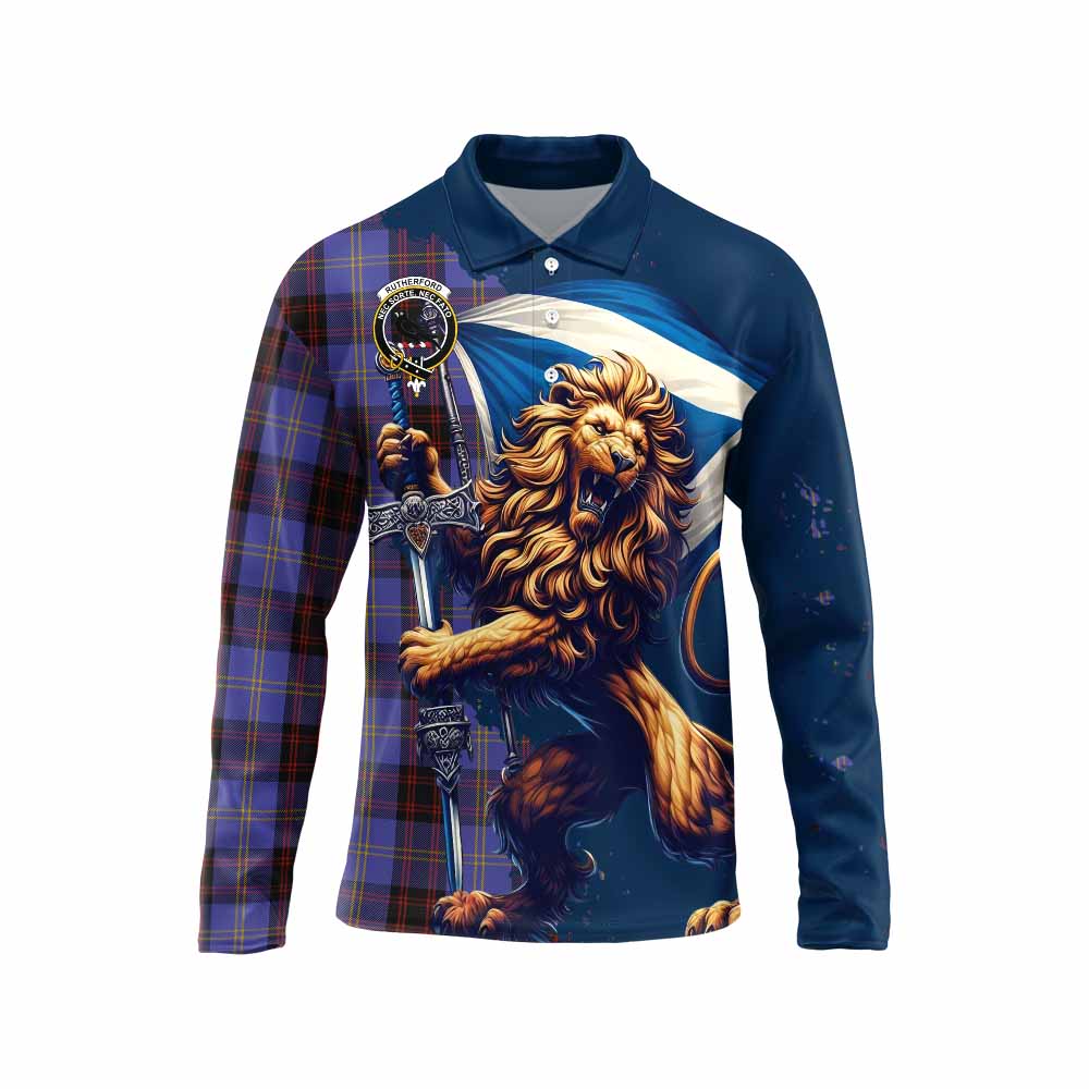 Tartan Vibes Clothing Rutherford Tartan Family Crest Long Sleeve Polo Shirt with Scottish Majestic Lion