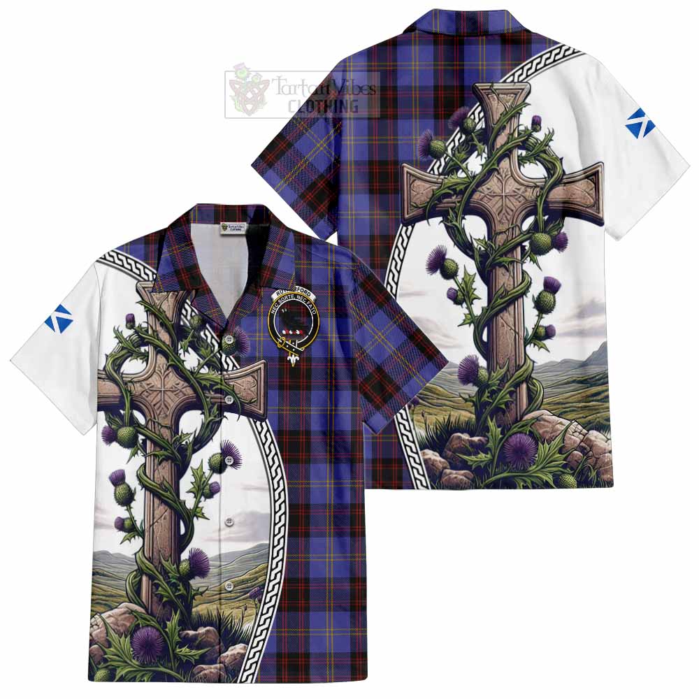 Tartan Vibes Clothing Rutherford Tartan Short Sleeve Button Shirt with Family Crest and St. Andrew's Cross Accented by Thistle Vines