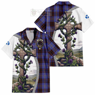 Rutherford Tartan Short Sleeve Button Shirt with Family Crest and St. Andrew's Cross Accented by Thistle Vines