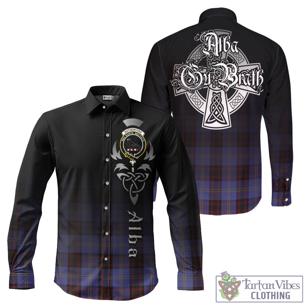 Tartan Vibes Clothing Rutherford Tartan Long Sleeve Button Up Featuring Alba Gu Brath Family Crest Celtic Inspired