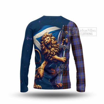 Rutherford Tartan Family Crest Long Sleeve T-Shirt with Scottish Majestic Lion