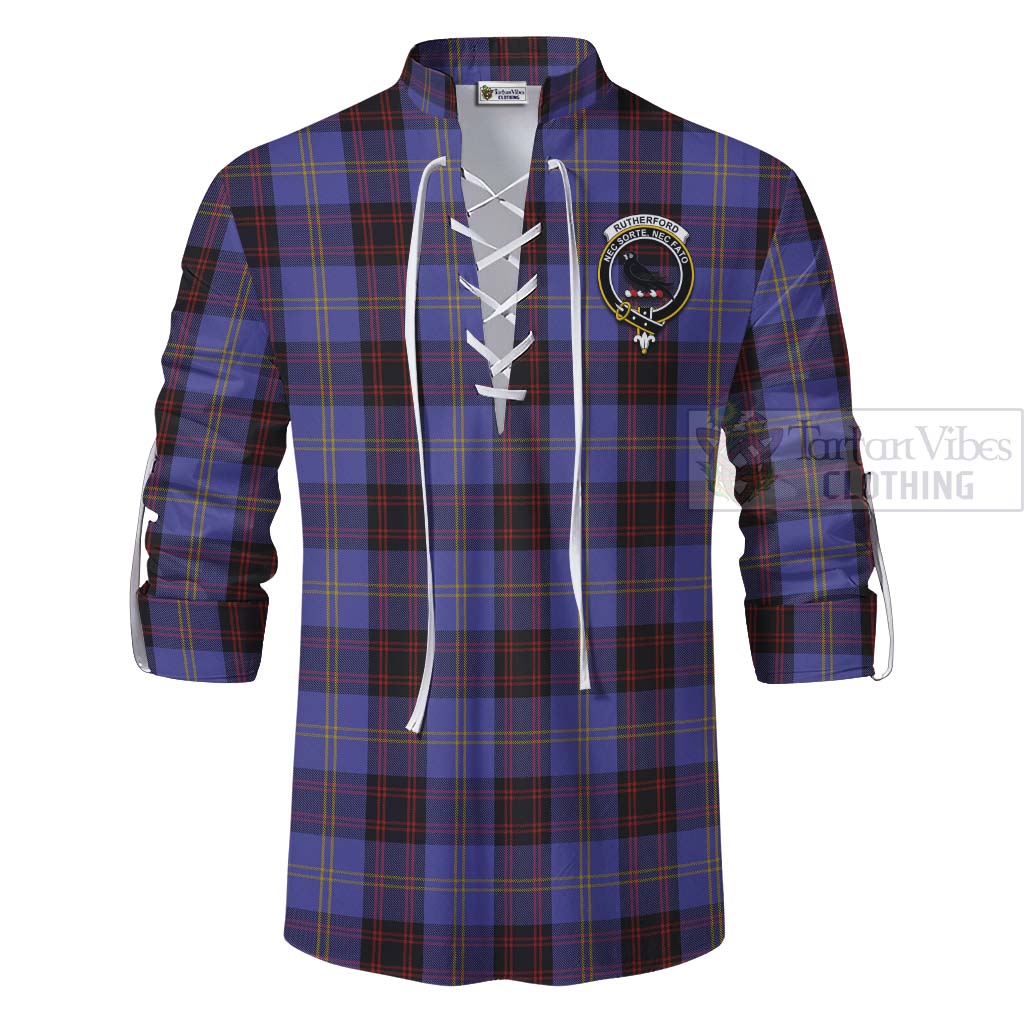 Tartan Vibes Clothing Rutherford Tartan Ghillie Kilt Shirt with Family Crest and Bearded Skull Holding Bottles of Whiskey