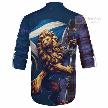 Rutherford Tartan Family Crest Ghillie Kilt Shirt with Scottish Majestic Lion