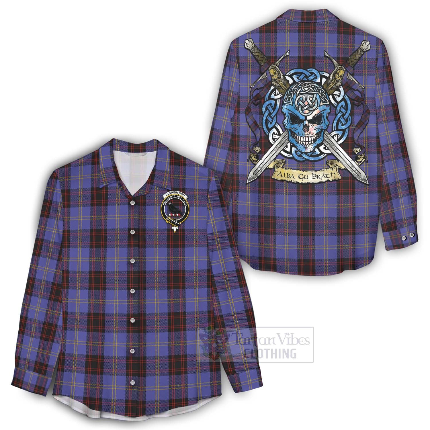 Tartan Vibes Clothing Rutherford Tartan Women's Casual Shirt with Family Crest Celtic Skull Style