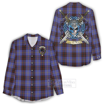 Rutherford Tartan Women's Casual Shirt with Family Crest Celtic Skull Style