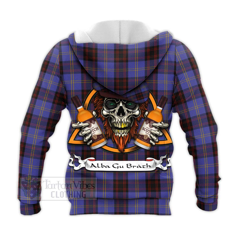 Tartan Vibes Clothing Rutherford Tartan Knitted Hoodie with Family Crest and Bearded Skull Holding Bottles of Whiskey