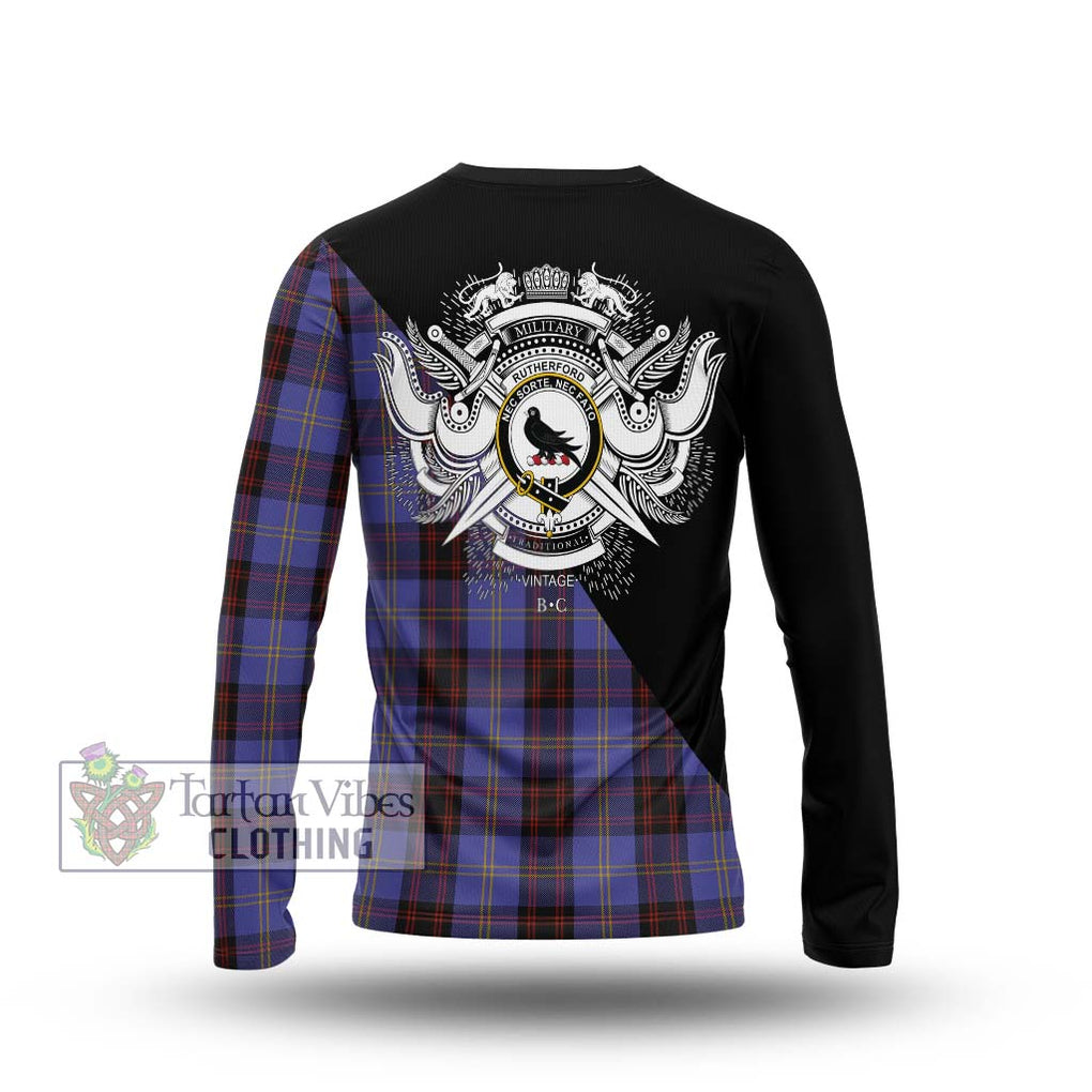 Rutherford Tartan Long Sleeve T-Shirt with Family Crest and Military Logo Style - Tartanvibesclothing Shop